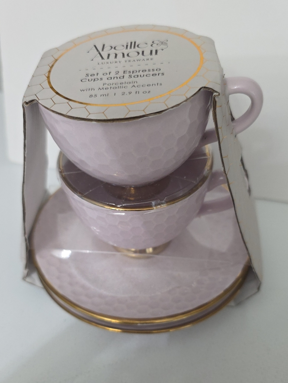 Abeille & Armour Pink Espresso Cup & Saucer Set of 2 with Gold Trim, New-in-Pack